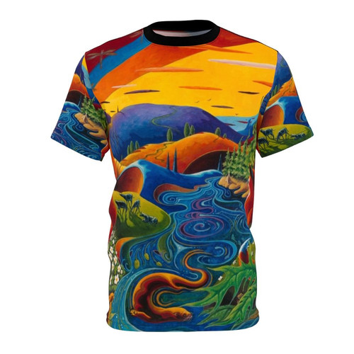 Colorful AOP t-shirt design featuring a Scottish landscape with wildlife like foxes, otters, and deer.