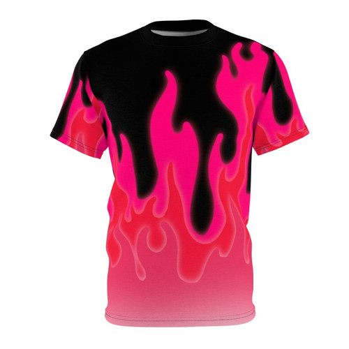A bold and vibrant reddish pink t-shirt featuring an abstract fiery design.