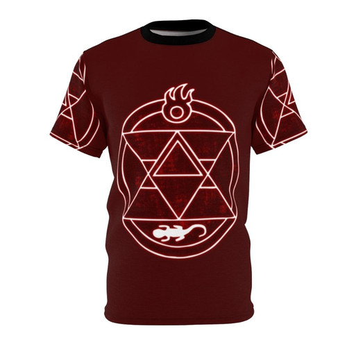 Pyrokinetic flame alchemist inspired anime fan art design on a t-shirt