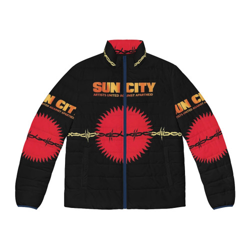 Model wearing a sun city puffer jacket, a warm and fashionable winter coat