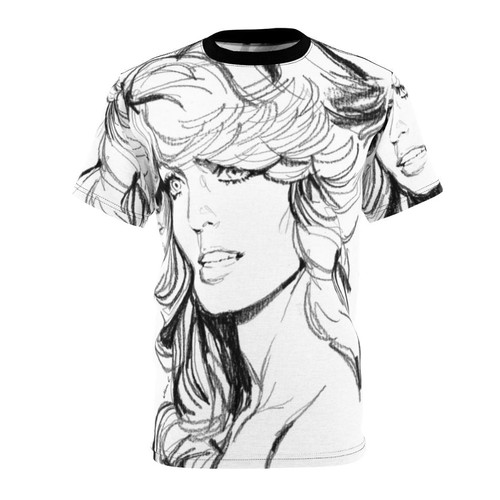 Retro TGIF themed t-shirt featuring an all-over print design inspired by 70s icon Farrah Fawcett