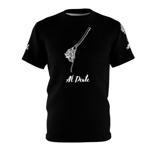 Man wearing a t-shirt with an "Al Dente" graphic design, representing Italian cuisine and pasta cooking.