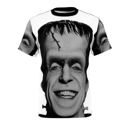 Retro 60s horror inspired black and white graphic t-shirt design featuring the profile of Herman Munster