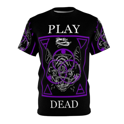 A stylized t-shirt design featuring a play dead vampire bat graphic, perfect for fans of gothic and post-punk alternative music.