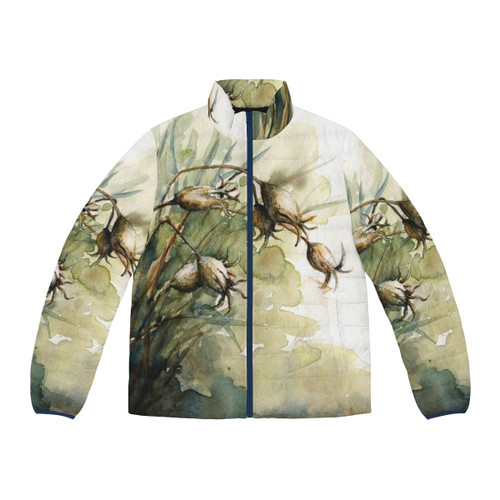 Summer puffer jacket with a watercolor design of botanical seedpods