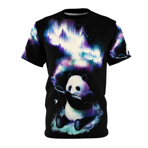 Panda playing a flute in a starry, cosmic universe with northern lights on a t-shirt