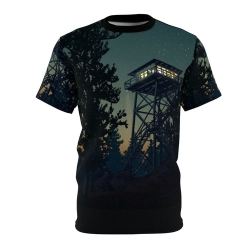 Minimalist landscape art design featuring a serene mountain and forest scene at sunset on a high-quality t-shirt.