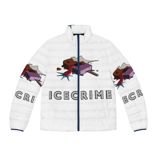Sleek and trendy summer crime-themed puffer jacket for fashion-forward urban style