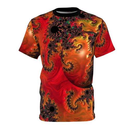 A vibrant t-shirt featuring an abstract sphere design inspired by the Mandelbrot fractal.