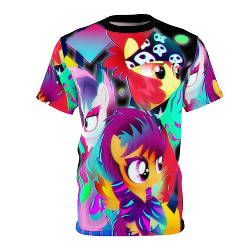 Vibrant all-over-print t-shirt featuring the Cutie Mark Crusaders in a synthwave-inspired retro 80s style design