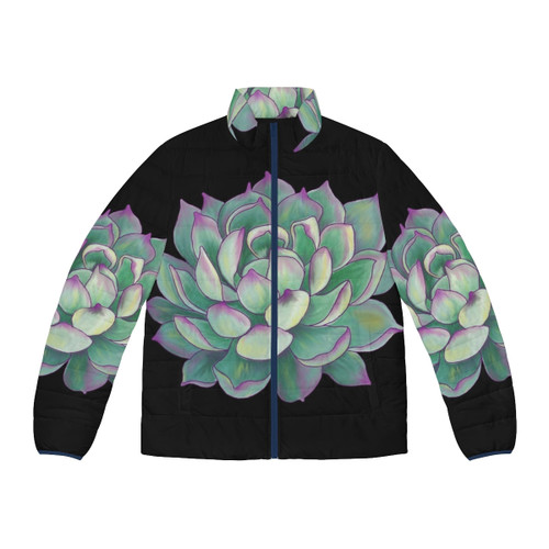 A puffer jacket featuring a vibrant succulent plant design, perfect for nature enthusiasts.