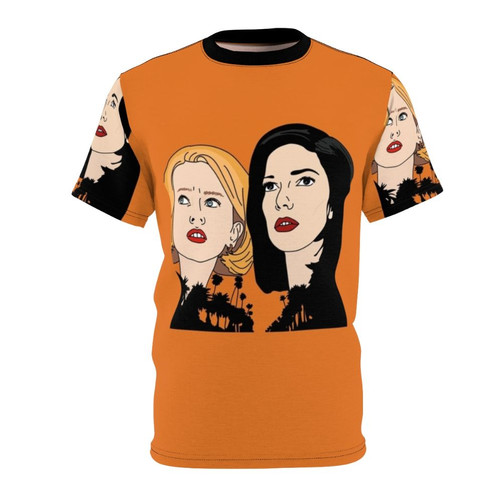 Mulholland Drive inspired movie art t-shirt design featuring Naomi Watts, Justin Theroux, and Laura Harring