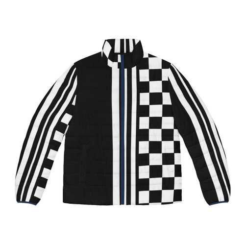Stylish black and white puffer jacket with ska-inspired design
