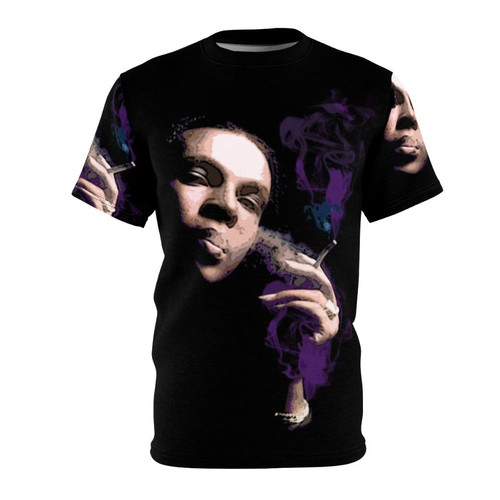 Vibrant purple t-shirt design featuring Sylvester, a legendary drag queen known for his flamboyant disco music.