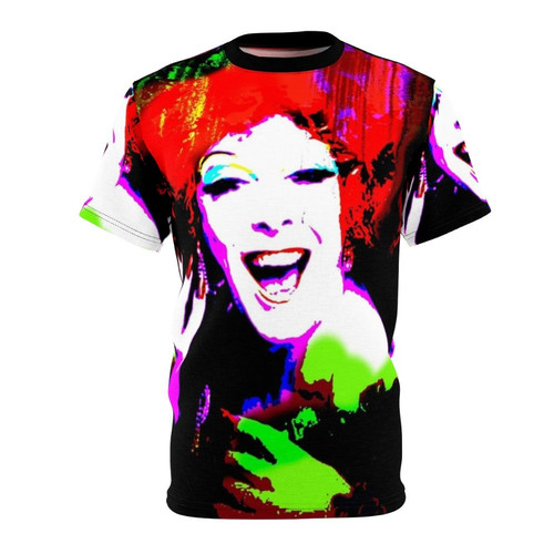 Custom AOP t-shirt featuring a design of Regina Fong, a renowned LGBTQ+ icon and hedonist.