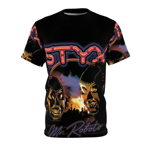 Artistic all-over print t-shirt featuring a vintage Styx band design for a retro, Halloween-themed look.