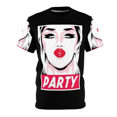 Adore Delano inspired drag queen t-shirt with party-themed graphics