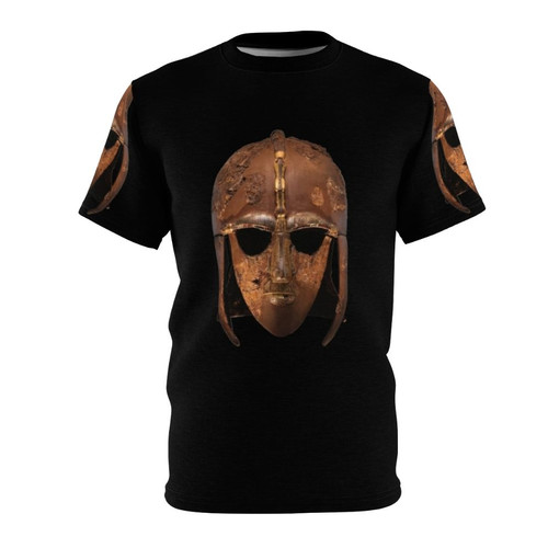 T-shirt featuring an intricate design inspired by the iconic Sutton Hoo helmet, a stunning example of Anglo-Saxon metalwork.