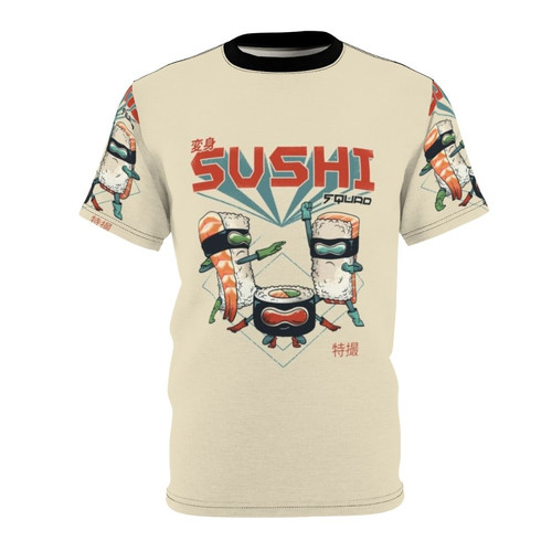 Sushi Squad cartoon-style t-shirt design with Japanese-inspired superheroes