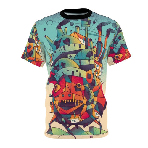 Anime-inspired cubist art graphic on a t-shirt, featuring elements from Howl's Moving Castle