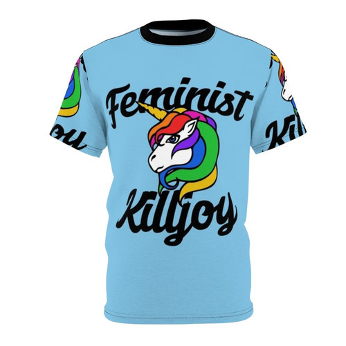 A vibrant t-shirt featuring a feminist unicorn design with rainbow colors and an empowering "killjoy" message.
