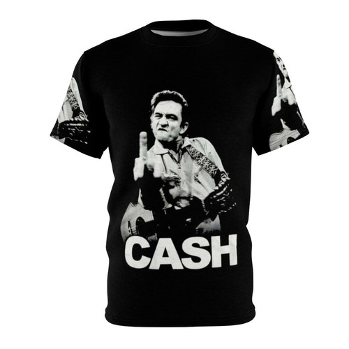 A black and white AOP t-shirt design featuring a vintage-style illustration of Johnny Cash's face.