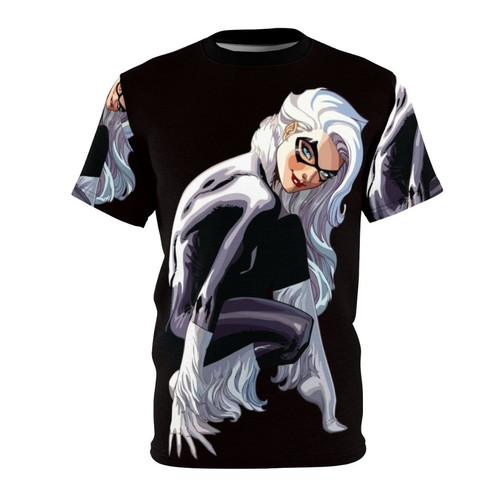 Felicia Hardy, the iconic Marvel Comics superheroine also known as the Black Cat, featured on a high-quality all-over print t-shirt.