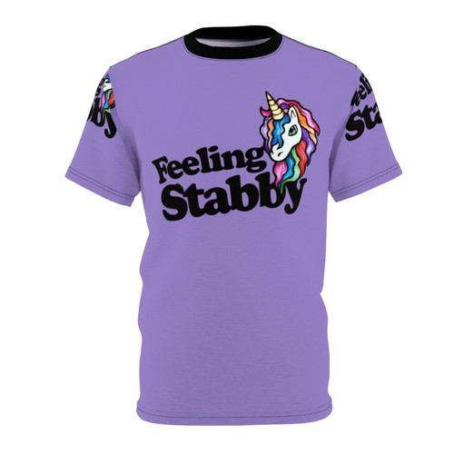 Stabby unicorn illustration on a retro-style all-over print t-shirt