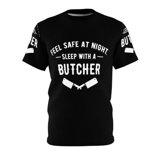 Funny t-shirt design with a butcher theme and the text "Feel Safe At Night Sleep With A Butcher"