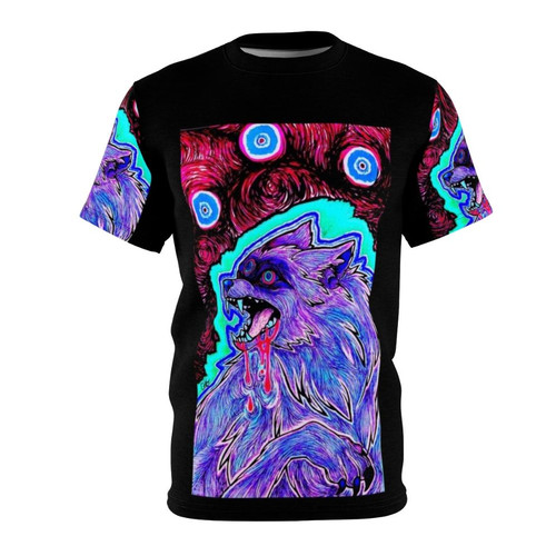 Vibrant psychedelic t-shirt with a trippy abstract dog or wolf graphic design.