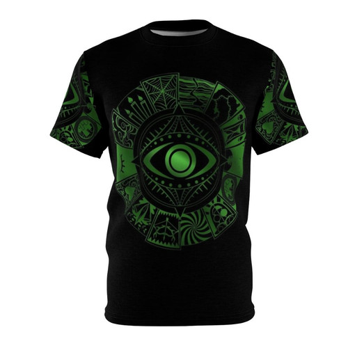 A t-shirt featuring a graphic design of a fear wheel, showcasing different phobias and supernatural elements.