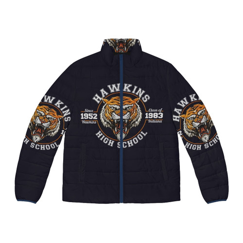 Stranger Things Hawkins High School Puffer Jacket featuring the iconic 80s style and design