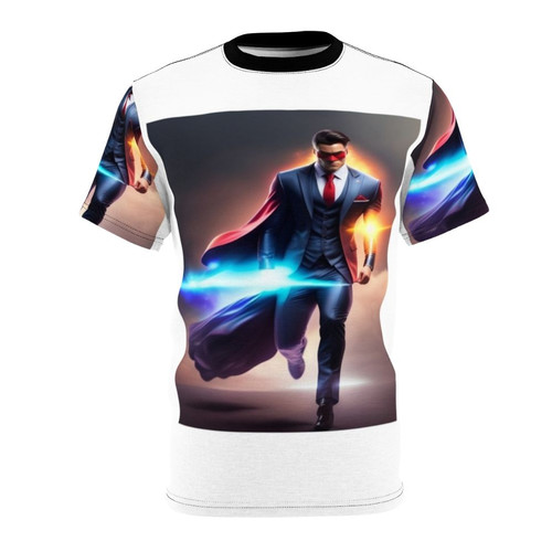 Superhero-themed graphic t-shirt with an eye-catching design
