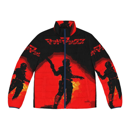 Man wearing a puffer jacket inspired by the Mad Max movie franchise
