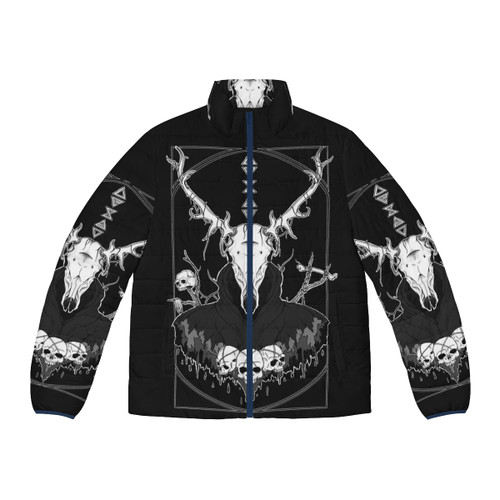 Man wearing a puffer jacket with a leshen, a supernatural forest creature, printed on it.