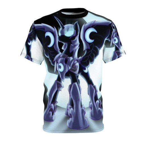 Dark fantasy t-shirt design with Nightmare Moon inspired celestial armor and shadow warrior elements