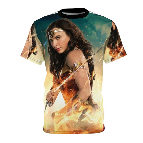 Graphic design of a powerful female superhero in an Amazon-inspired costume