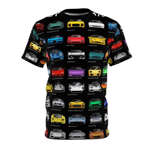 Stylized sports car graphic design on a t-shirt