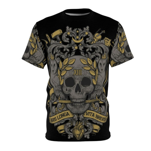 Ars Longa Vita Brevis artist t-shirt featuring a coat of arms and Greek art elements