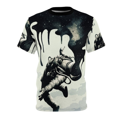 Surreal t-shirt design featuring an abstract astronaut floating in a cosmic space scene