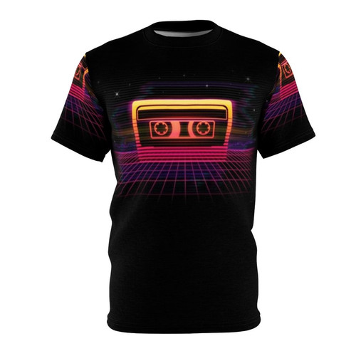 Retro 80s-inspired t-shirt with a vibrant sunset gradient design and a cassette tape graphic