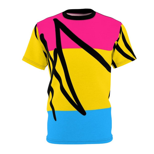 Vibrant AOP t-shirt featuring the pan pride flag colors and a distinctive signature design