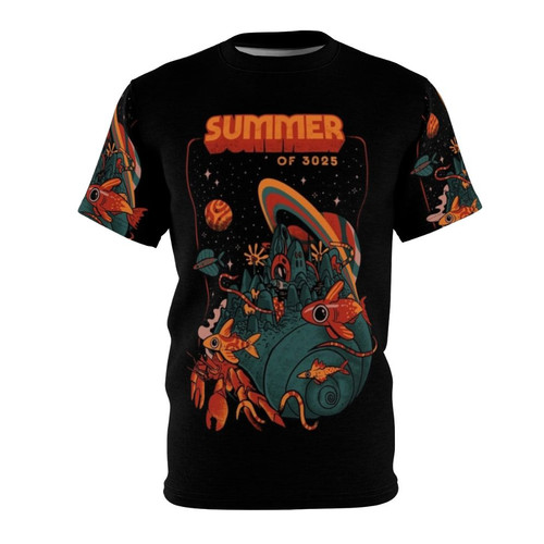 Cosmic summer retro t-shirt with a magical, interstellar design featuring planets, crabs, and fishes in a retro, vintage-inspired style.