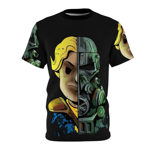 Fallout inspired all-over print t-shirt with vault tech, pipboy, and brotherhood of steel designs