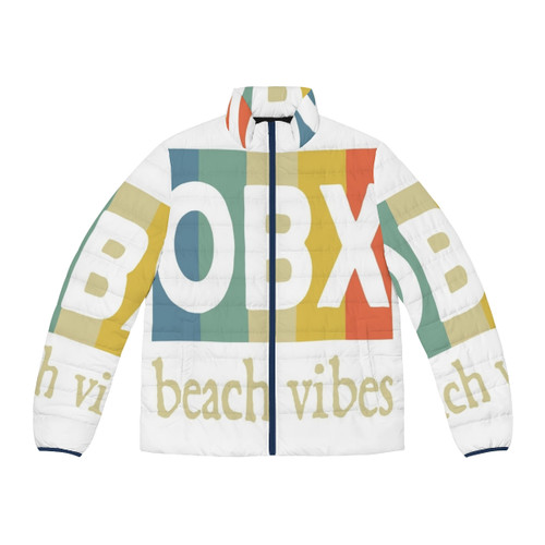 Obx beach puffer jacket on a sandy beach with the sunset in the background