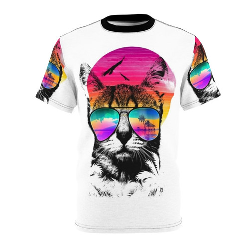 A vibrant t-shirt featuring a playful cat astronaut floating in a galaxy of stars and planets.