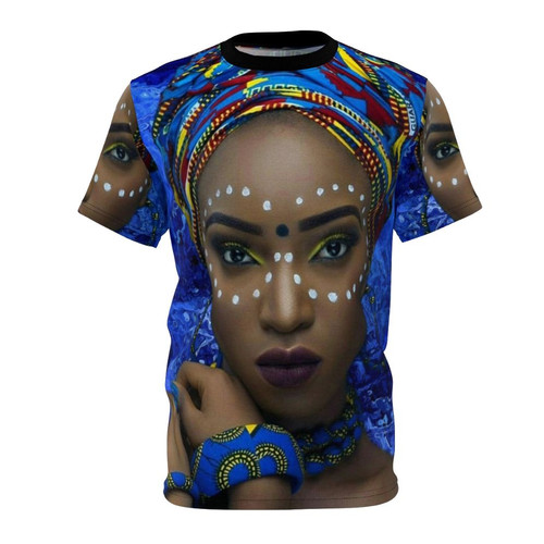 Abstract tribal art t-shirt design featuring a beautiful African queen with gold jewelry and makeup