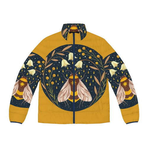 Golden puffer jacket with bee and floral design
