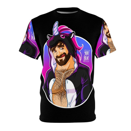 An all-over print T-shirt featuring a design of a bear surrounded by unicorns, representing pride and diversity.