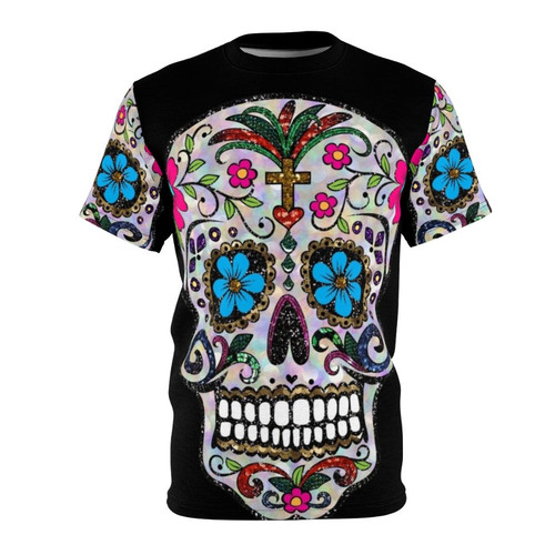 Vibrant sugar skull graphic with floral design on a black t-shirt